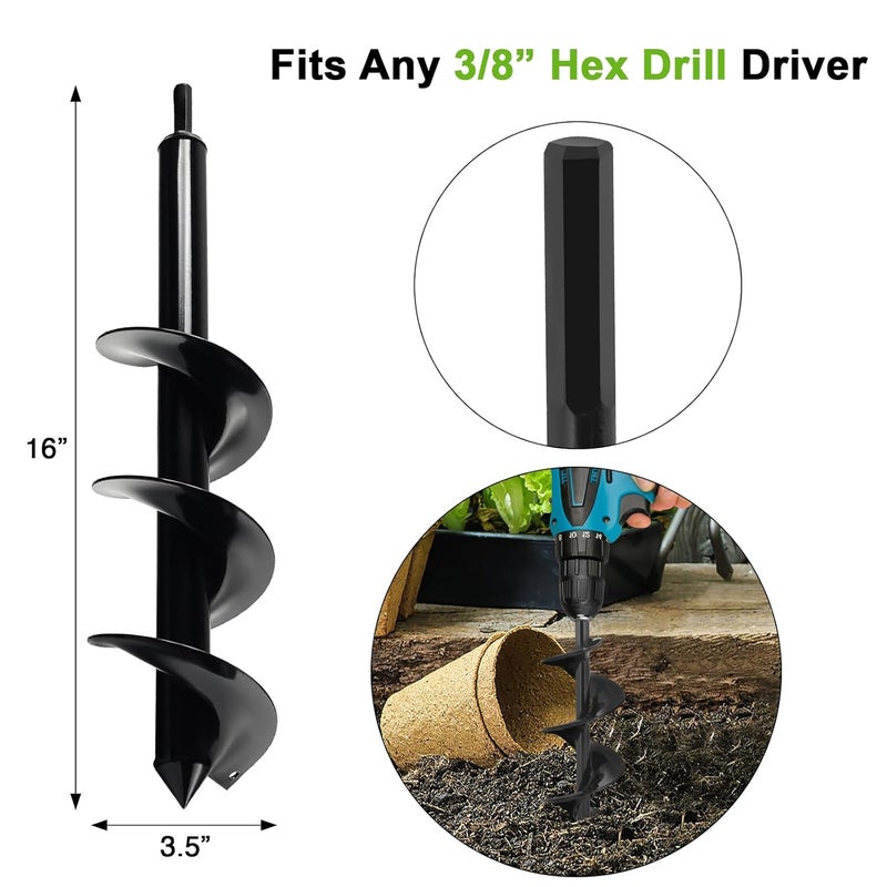 Genubi Industry Auger Drill Bit for Planting 3.5 x 16 Inch, Garden Spiral Bit Bulb Planter Tool Drill Auger for Planting Bulb, Bedding Plant, Post or Umbrella Hole Digger for 3/8" Hex Drive - Image 2